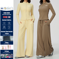 Nouveaux ensembles de yoga personnalisés 2 pièces : pantalon large et veste taille haute respirants et à séchage rapide pour la gym (vente en gros)