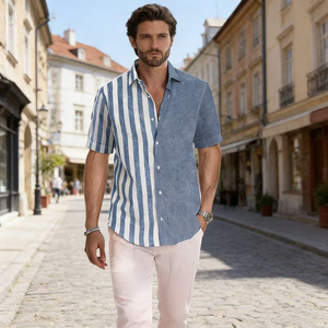 Camisa Hawaiana de Moda para Hombre, Camisa de Manga Corta con Botones, Camisa Casual de Verano a Rayas, Camisa con Estampado de Patchwork, Top de Playa - Product Image 3