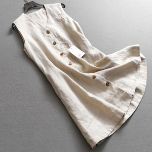 Abito da donna elegante in lino tinta unita, casual, aderente, scollo a V, monopetto, <span class=keywords><strong>senza</strong></span> maniche, che esalta il fascino. - Product Image 2