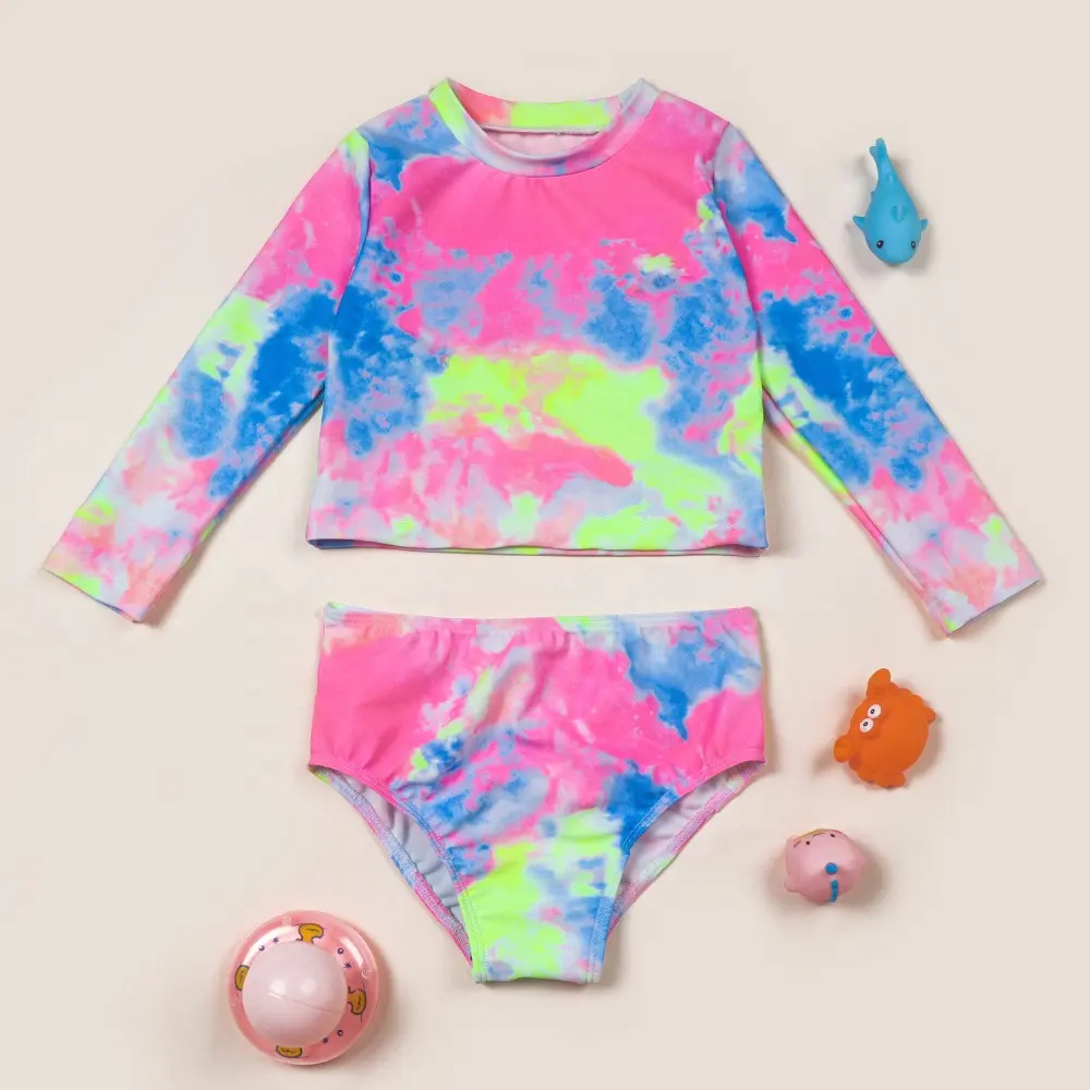 Girls Long Sleeve Swimsuits Set Two Piece Tie Dye Bathing Suit for Kids Hawaiian Swimwear Swim Shirts