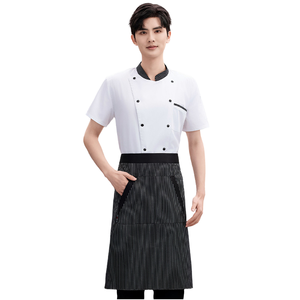 Chaqueta de Chef OEM de Manga Corta Blanca 100% Algodón con Cuello a Rayas en Contraste, Tejido de Punto, Unisex, Logotipo Personalizado en Relieve, para Restaurante - Product Image 1