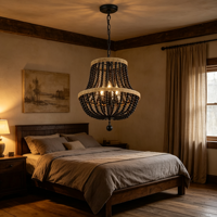 Lampu Gantung Candelabra Manik Kayu Hitam Cincin Ganda dengan Finishing Kayu Alami, Lampu Vintage untuk Ruang Tamu dan Kamar Tidur