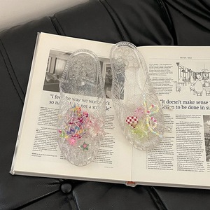 Chaussons pour femmes, chaussures plates à bout ouvert, chaussures transparentes, chaussures de plage, accessoires floraux, style mode extérieur, sac - Product Image 3