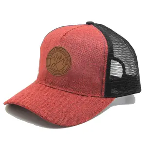 Großhandel benutzer definierte Hanf Trucker Hüte für Sommer Stroh Trucker Cap mit benutzer definierten Leder Patch Logo