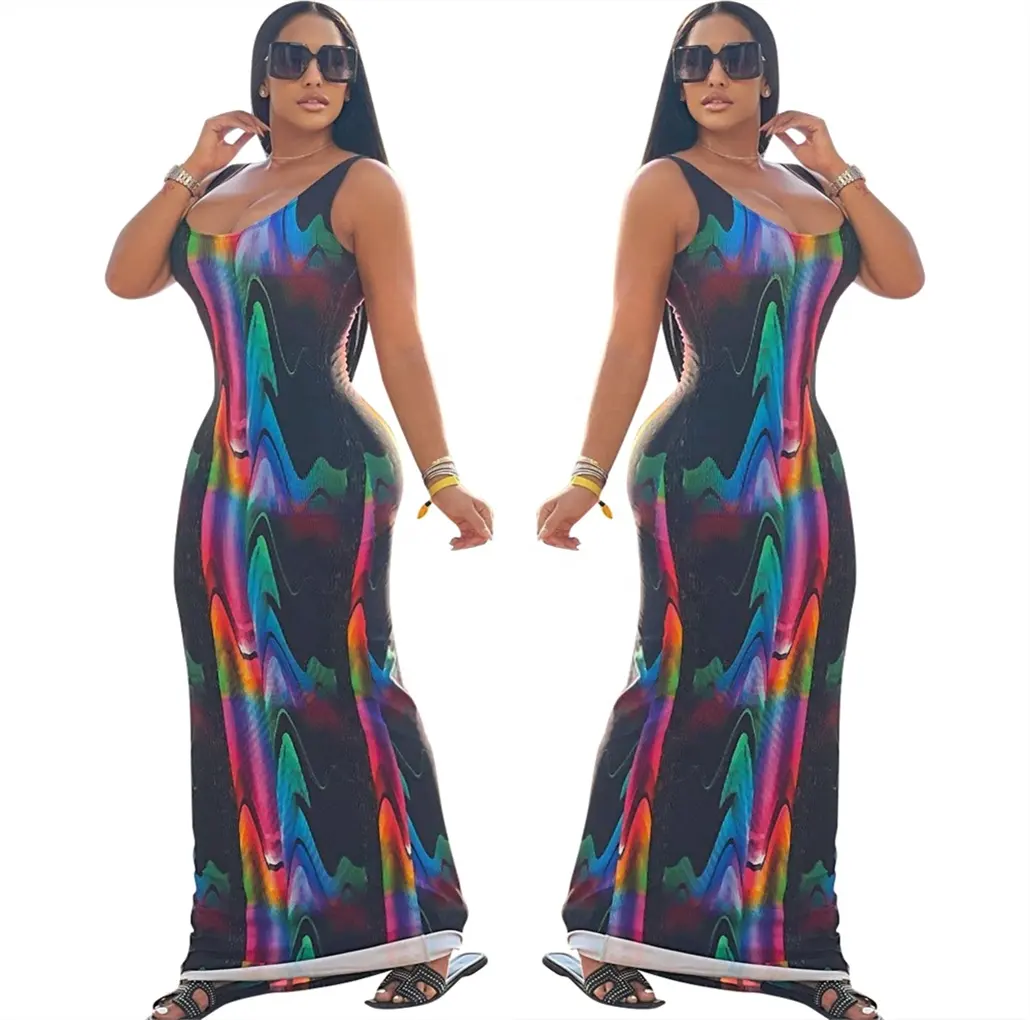 2022 Plus Size Sexy Printed Slim Maxi Dresses Patchwork Spaghetti Strap Tie Dye Trendy Chic Beach Party Night Club Skirt