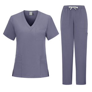 Women's Scrub Set Blue V-Neck Short Sleeve Pants Moisture Wicking Hospital Uniform Split Set - Product Image 3