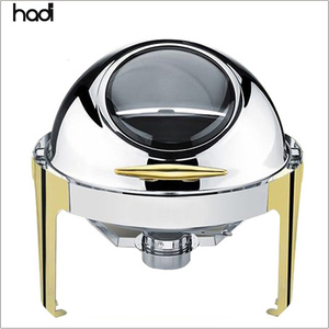 HDI-plato de frotamiento dorado para restaurante, calentador de comida de 6 litros de acero inoxidable, con tapa de cristal para buffet, oferta de oro y plata