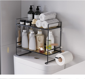 Étagère de rangement WC multifonctionnelle moderne à 2 niveaux, carrée, sans perçage, installation sans perçage, en fer, pour salle de bain - Product Image 2