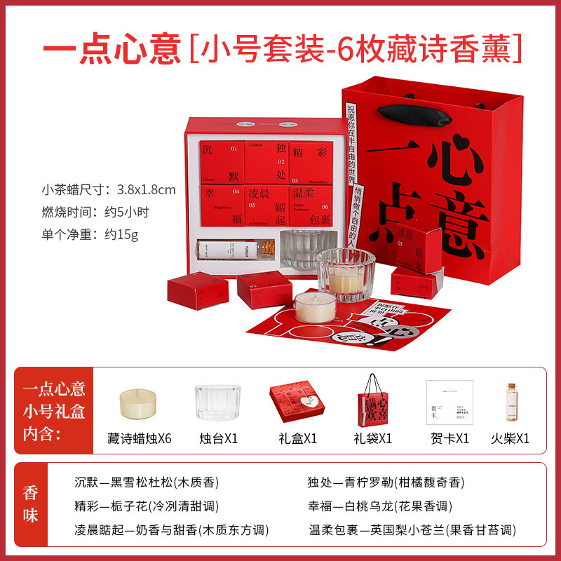 Un pequeño obsequio: 6 velas de té con poesía tibetana en un pequeño set.