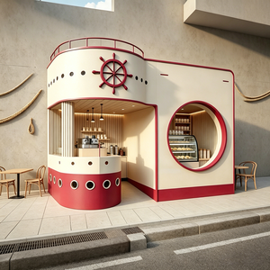 Cafetería con Diseño de Barco Rojo y Blanco, Quiosco de Comida Temático para Exteriores con Vitrina de Vidrio Integrada - Product Image 3