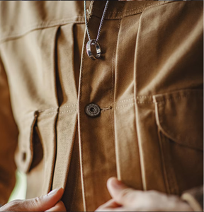 Wholesale Men's Heavyweight Canvas Lapel Denim Jacket Vintage Workwear Multi-Pockets <b>Button</b>-Up Jacket - Product Image 3