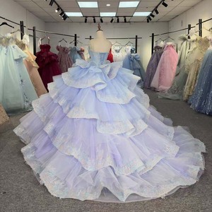 Robe de bal Quinceañera exclusive 6976 bleu violet sans bretelles avec appliques en cristal, perles et imprimé, traîne chapelle naturelle, longueur ras du sol - Product Image 3