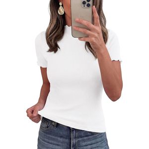 Camiseta de manga corta acanalada para mujer, top básico ajustado con cuello simulado y volantes, ropa informal para primavera y verano - Product Image 3