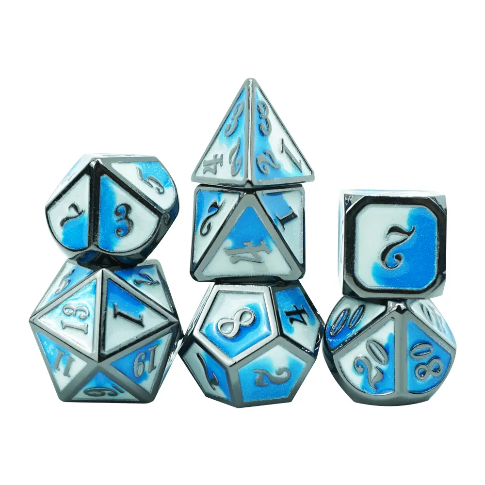 Manufacturers Luxury metal dice set 7pcs polyhedral white blue gradient double color for table entertainment games