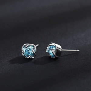 Stud Earrings 925 Sterling Silver Blue Rose Flower Shape Claw Setting For Couples Gift - Product Image 2