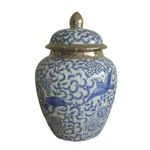 RXCD-WW21 Antique Blue and White Ginger Jar for Home Decoration Chinoiserie Floral Bird Pattern Porcelain Flower Vase
