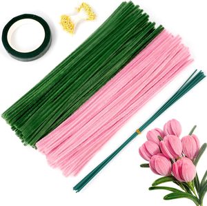 200 pièces de tiges de chenille Tulip 30 cm vertes et roses, pour la création de fleurs, le jardinage, les loisirs créatifs et le bricolage - Product Image 2