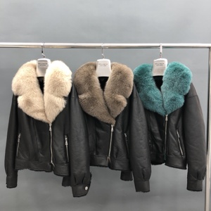 Janefur popolare giacca di pelliccia di pelle di lusso per moto da donna inverno <span class=keywords><strong>cappotto</strong></span> a doppia faccia in pelle di pecora fresca nera <span class=keywords><strong>con</strong></span> finiture in pelliccia grande - Product Image 5
