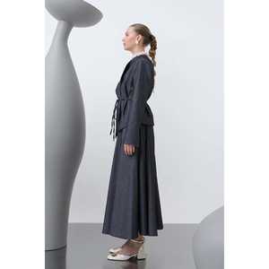 Elegante Conjunto de Traje para Mujer, Color Azul Marino, Estambre, Manga Larga, Otoño, Antiarrugas, con Detalle de Cinturón - Product Image 2