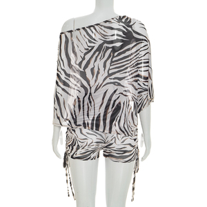 Viviblook J26ST109 Women Set Summer New Sexy Zebra Print Mesh Slash Neck Top and Shorts Set Two Piece Set - Product Image 4