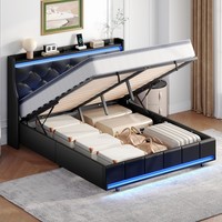 Cadre de lit noir taille Full/Queen avec rangement relevable, cadre de lit rembourré taille Double avec tête de lit, cadre de lit avec éclairage LED