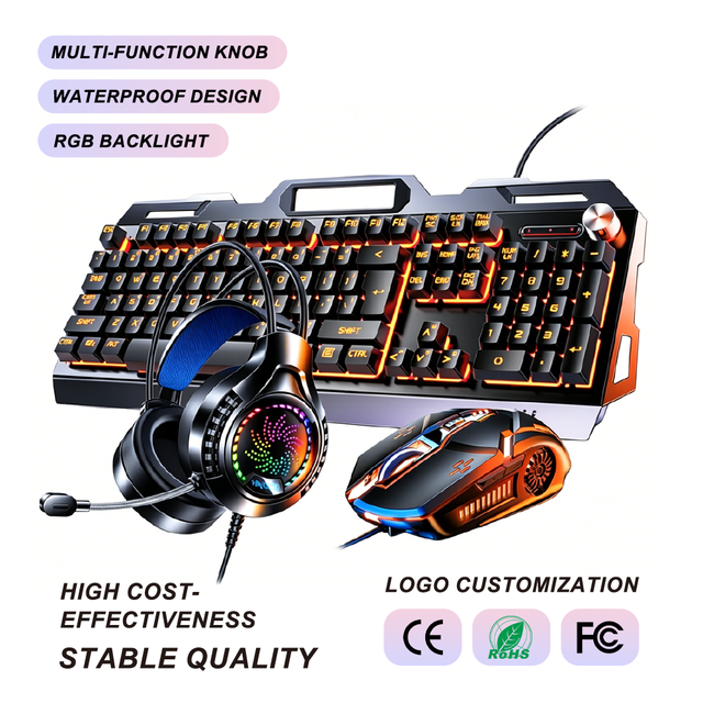 RGB Gaming Keyboard Mouse Headset Combo Wired Accessories Kit for PC Gamers 104-Button Game Combination(mouse Pad Included)