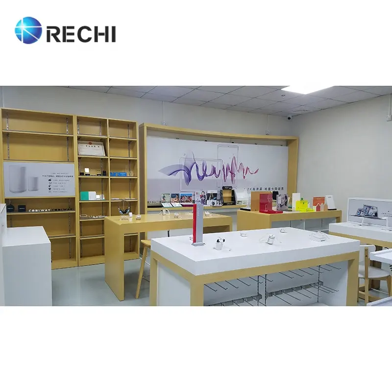 RECHI कारखाने प्रदान करते हैं मोबाइल फोन की दुकान इंटीरियर डिजाइन और सजाने लकड़ी प्रदर्शन ग्लास कैबिनेट स्मार्टफोन प्रदर्शन शोकेस