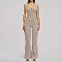 Stelan Yoga Wanita Ramah Lingkungan, Bahan Bernapas, Polos, Pendek, Slim Fit, Seksi, Tanpa Punggung, Off-Shoulder, Atasan Vest, Celana Flare 2-Piece