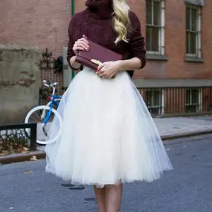 Simple Style Casual Wedding Skirt Tulle Skirts High Waist Pleated Tutu Midi Women Puffy Mesh Petticoat Lolita Skirt