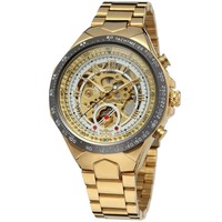 WINNER Montre-bracelet automatique mécanique pour homme, design squelette doré, en acier inoxydable, style rétro