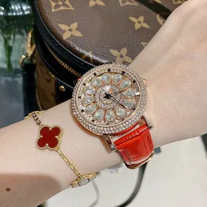 Luxury Pink Diamond Crystal Flower Watch Dial Rose Gold Plated Pink Genuine Leather Iced Out Quartz Watch For Women