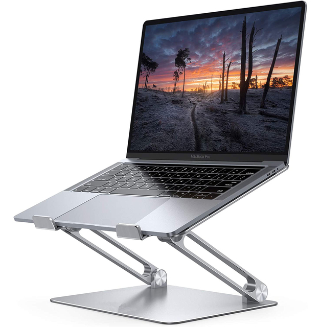 2023 MG Silver Modern Adjustable Foldable Portable Laptop Stand Riser Cold Steel Desk Ergonomic Computer Notebook Holder 11-18