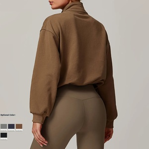 Nouveau sweat-shirt à capuche court pour femme, tissé, à manches longues, col montant, imprimé avec logo frontal, pour le fitness, la course et l'entraînement - Product Image 4