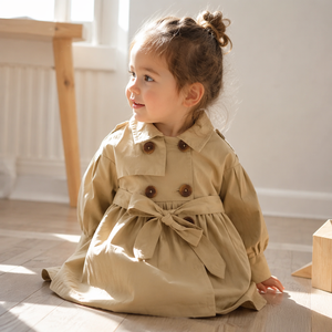 Cappotto trench primaverile da bambina in cotone, doppiopetto, con maniche a sbuffo, spalline, pettorina antipioggia e cintura, modello ad A per neonate e bambine - Product Image 2