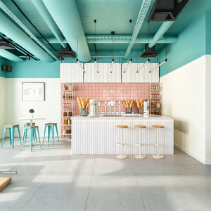 Kafe Bergaya Industrial Cerah Dengan bar Putih Bergelombang, Langit-langit Biru <span class=keywords><strong>Muda</strong></span>, Dan Ubin Dinding Merah <span class=keywords><strong>Muda</strong></span> Yang Manis. - Product Image 2