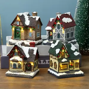 새해 2023 Navidad 장식 크리스마스 장식품 수지 스노우 하우스 LED 조명 내부 작은 집 미니 마을 크리스마스 선물