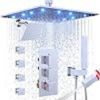Système de douche thermostatique à 3 poignées, double tête carrée, avec douchettes LED 12 et 6 pouces, jet corporel complet et 4 jets latéraux, finition or brossé, montage mural
