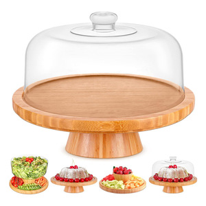 Soporte para pasteles de bambú con tapa, bandeja redonda para exhibir postres de 30,5x25,4x20,3 cm para uso en la cocina del hogar - Product Image 1