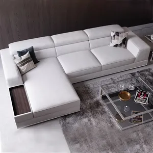 Modern white italian leather L shape sofa set extendable corner recliner chaise couch 3 seater living room sectional sofa