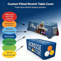 Housse de table extensible en spandex personnalisée avec logo de marque, nappe à sublimation couleur intégrale pour événements commerciaux et marketing