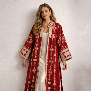 Chaqueta Larga de Terciopelo Rojo Vintage con Bordado Suzani y Patrón Floral, Estilo Bohemio, Manga Larga, Estilo Étnico, Ropa de Abrigo de Invierno - Product Image 1