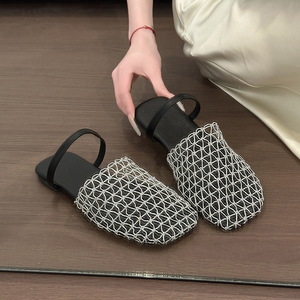 New Summer Women's European American-Style Fishnet-Weave Openwork Roman Sandals Flat Round-Toe Wrap-Around <b>Half</b>-<b>Slip</b>-On - Product Image 5