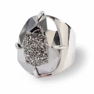 LS-A749 Wholesale claw titanium faceted druzy ring natural gemstone ring silver jewelry egg shaped hit selling ring