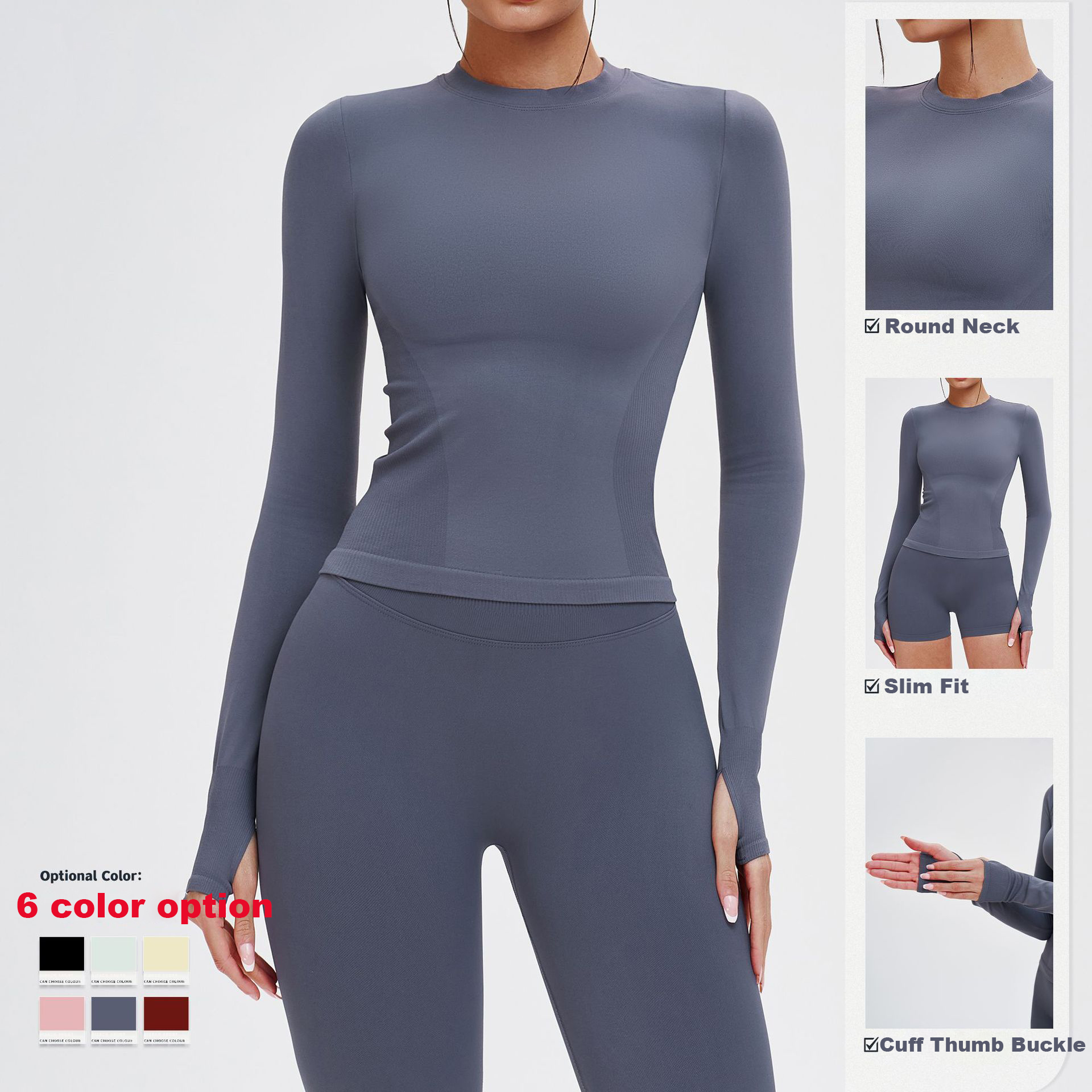 CNSHELL Seamless High Quality Casual Fitness Sports Long Sleeves with Thumbholes T-Shirt Yoga Tops