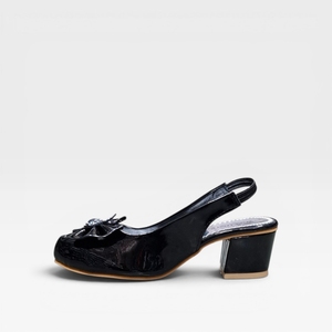 Black Patent Leather Slingback Heeled <b>Sandals</b> With Floral Bow Mid Block Heel Elegant Dress Shoes All Seasons Wear - Product Image 4