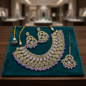 Indian Traditional Royal <b>Blue</b> Kundan Bridal Choker <b>Necklace</b> Set Gold Plated Heavy Gemstone Choker with Chandbali Earrings and Ma - Product Image 3