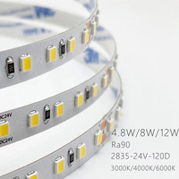 Bande LED flexible haute performance CRI 90 DC 24V 120 LED/m 2835, 8mm, découpable, blanc chaud, pour éclairage sous armoire ou étagère