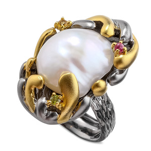 <span class=keywords><strong>El</strong></span> trabajo artesanal italiano 18K chapado en oro de Plata de Ley 925 hecho a mano grande Natural barroca, Perla anillo - Product Image 1