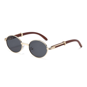 Round Frame Sunglasses 8008 Metal Wood Grain Temples UV400 Protection Unisex Outdoors Cycling Driving - Product Image 1