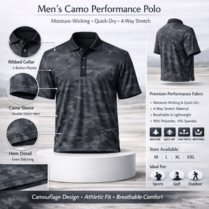 Camiseta de golf de alto rendimiento con estampado de camuflaje, de secado rápido, elástica en 4 direcciones, con cuello polo, atlética, clásica, con logotipo personalizado. - Product Image 3